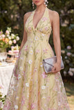 Light Yellow A-Line Halter Appliqued Midi Floral Dresses