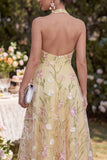 Light Yellow A-Line Halter Appliqued Midi Floral Dresses