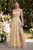 Light Yellow Spaghetti Straps A-Line Hollow Appliqued Maxi Floral with Slit