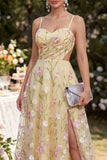 Light Yellow Spaghetti Straps A-Line Hollow Appliqued Maxi Floral with Slit