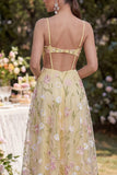 Light Yellow Spaghetti Straps A-Line Hollow Appliqued Maxi Floral with Slit