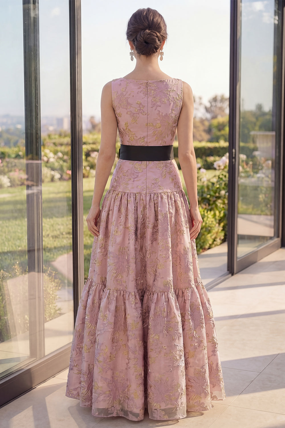 Zapaka Women Blush Jacquard Maxi Floral Dress with Bow Boat Neck A Line Wedding Guest Dress, Blush / US8