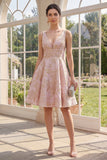 V-Neck A Line Blush Midi Jacquard Floral Dress
