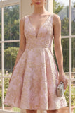 V-Neck A Line Blush Midi Jacquard Floral Dress