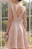 V-Neck A Line Blush Midi Jacquard Floral Dress