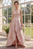 Blush V-Neck Ruched High Low A Line Jacquard Floral Maxi Dress