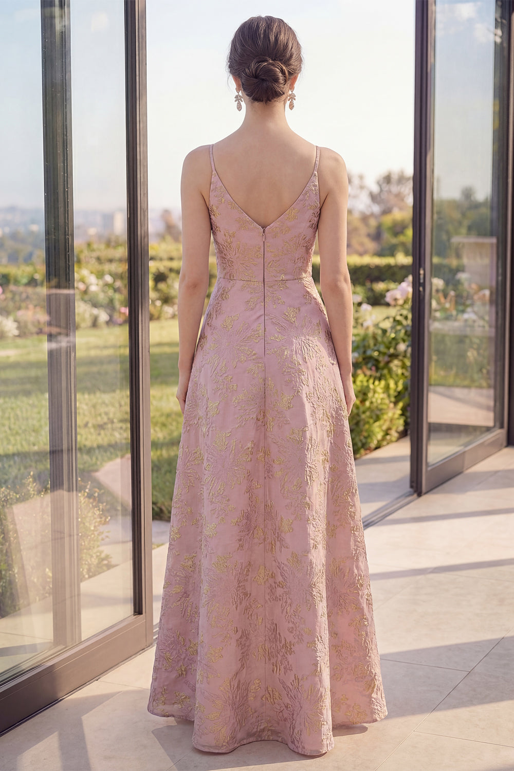 Blush Jacquard V Neck A Line Maxi Floral Dress with Slit