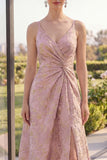Blush Jacquard V Neck A Line Maxi Floral Dress with Slit