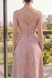 Blush Jacquard V Neck A Line Maxi Floral Dress with Slit