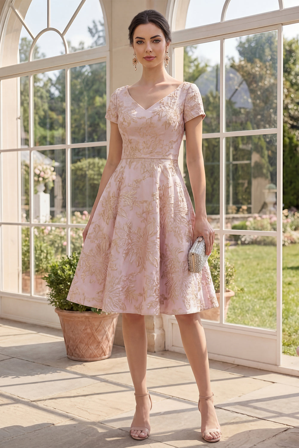 Zapaka Women Blush Jacquard Midi Dress Floral V-Neck A Line Short Sleeves Wedding Guest Dress, Blush / US26W