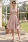 Blush A Line Floral V-Neck Jacquard Midi Dress with Short Sleeves