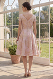 Blush A Line Floral V-Neck Jacquard Midi Dress with Short Sleeves