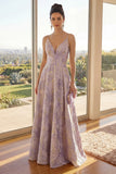 A-Line Dusty Lilac Spaghetti Straps Jacquard Maxi Floral Dress