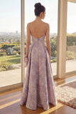 A-Line Dusty Lilac Spaghetti Straps Jacquard Maxi Floral Dress