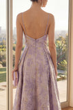 A-Line Dusty Lilac Spaghetti Straps Jacquard Maxi Floral Dress