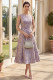 Dusty Lilac Boat Neck Jacquard Midi Floral Dress