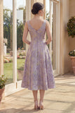 Dusty Lilac Boat Neck Jacquard Midi Floral Dress