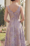 Dusty Lilac Boat Neck Jacquard Midi Floral Dress