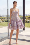Dusty Lilac Basque Waist A Line Corset Jacquard Mini Floral Dress with Ruffles