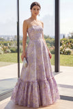 Dusty Lilac Jacquard Strapless A Line Maxi Floral Dress