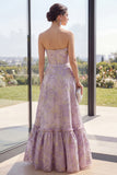 Dusty Lilac Jacquard Strapless A Line Maxi Floral Dress