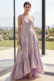 Dusty Lilac Jacquard V-Neck Backless A Line Maxi Floral Dress