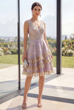 A Line Dusty Lilac Jacquard V-Neck Midi Floral Dress with Ruffles