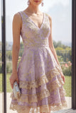 A Line Dusty Lilac Jacquard V-Neck Midi Floral Dress with Ruffles