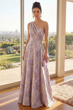 Dusty Lilac One Shoulder Ruched A Line Jacquard Floral Maxi Dress