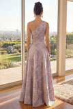Dusty Lilac One Shoulder Ruched A Line Jacquard Floral Maxi Dress