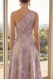 Dusty Lilac One Shoulder Ruched A Line Jacquard Floral Maxi Dress