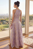 Dusty Lilac Ruched Keyhole Jacquard A Line High Low Floral Dress