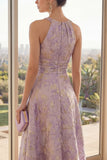 Dusty Lilac Ruched Keyhole Jacquard A Line High Low Floral Dress