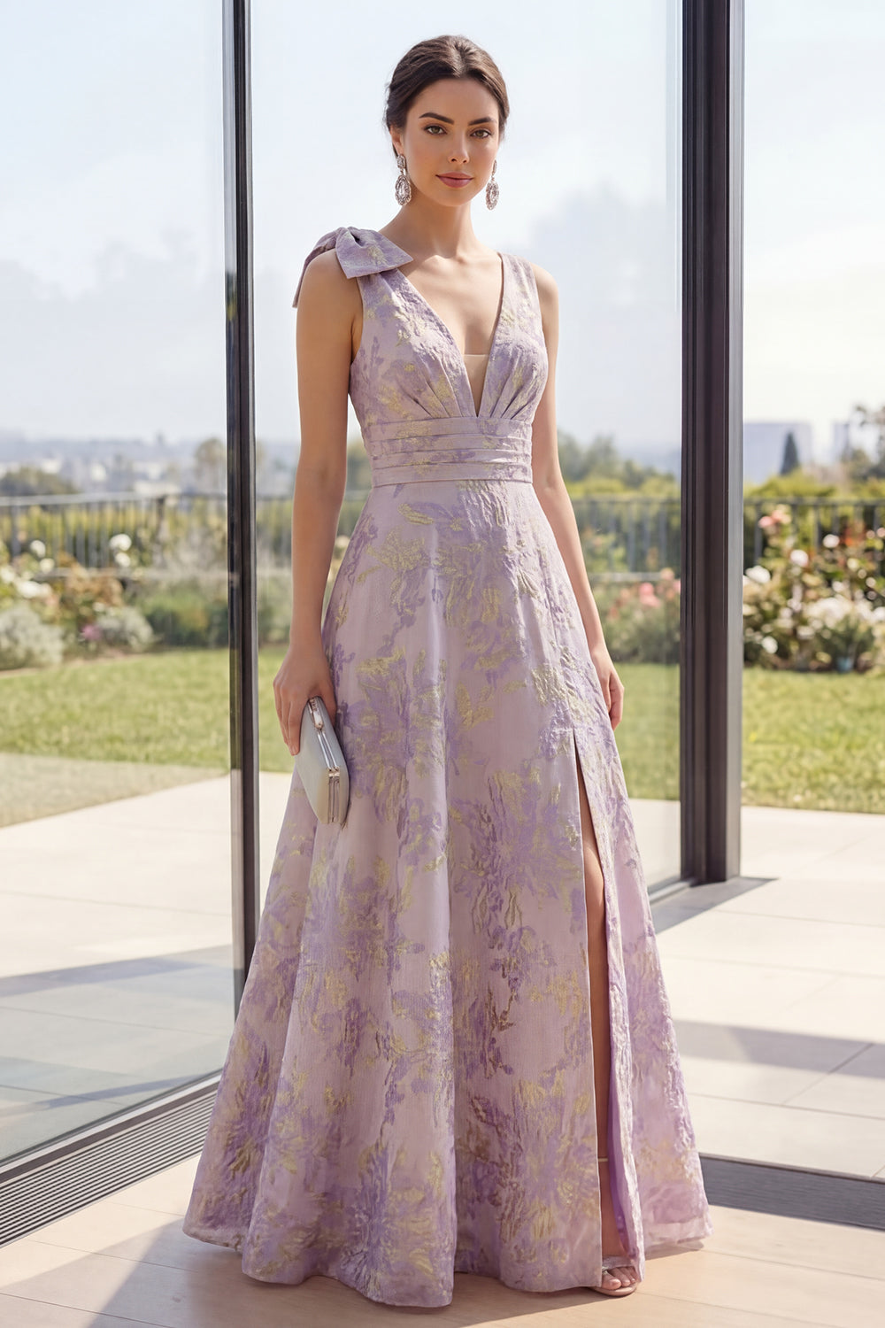 Zapaka Women Dusty Lilac Floral Maxi Dress with Slit Jacquard V-Neck Ruched A Line Wedding Guest Dress with Bow, Dusty Lilac / US16W