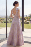 Dusty Lilac Ruched Jacquard A Line V-Neck Floral Maxi Dress with Slit