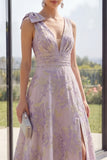 Dusty Lilac Ruched Jacquard A Line V-Neck Floral Maxi Dress with Slit