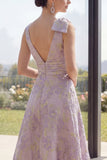 Dusty Lilac Ruched Jacquard A Line V-Neck Floral Maxi Dress with Slit
