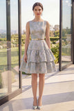 Dusty Blue A Line Boat Neck Ruffled Jacquard Midi Floral Dress with Belt