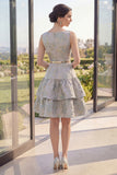 Dusty Blue A Line Boat Neck Ruffled Jacquard Midi Floral Dress with Belt
