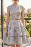 Dusty Blue A Line Boat Neck Ruffled Jacquard Midi Floral Dress with Belt