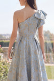 Dusty Blue A Line Jacquard One Shoulder Maxi Floral Dress with Bow