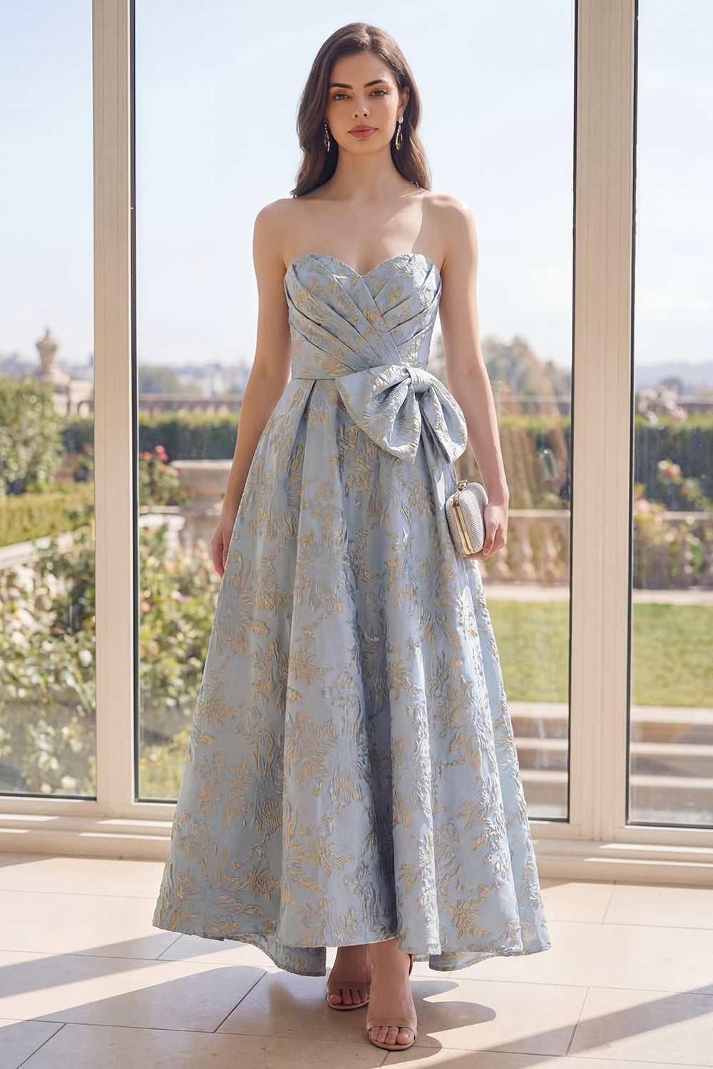 Zapaka Women Jacquard Dusty Blue Long Wedding Guest Dress Floral Strapless A Line Ruched Formal Dress with Bow, Dusty Blue / US18W Zapaka Women Jacquard Dusty Blue Long Wedding Guest Dress Floral Strapless A Line Ruched Formal Dress with Bow, Dusty Blue / US18W