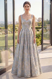 A Line Dusty Blue Floral Thick Straps Jacquard Maxi Dress