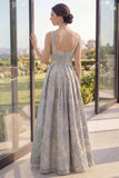 A Line Dusty Blue Floral Thick Straps Jacquard Maxi Dress