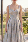 A Line Dusty Blue Floral Thick Straps Jacquard Maxi Dress