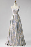 A-Line V-Neck Pleated Long Grey Blue Jacquard Dress