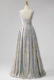 A-Line V-Neck Pleated Long Grey Blue Jacquard Dress
