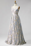 A-Line V-Neck Pleated Long Grey Blue Jacquard Dress