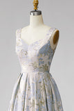 A-Line V-Neck Pleated Long Grey Blue Jacquard Dress
