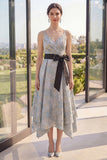 Dusty Blue Jacquard Asymmetrical V-Neck Floral Midi Dress with Bow